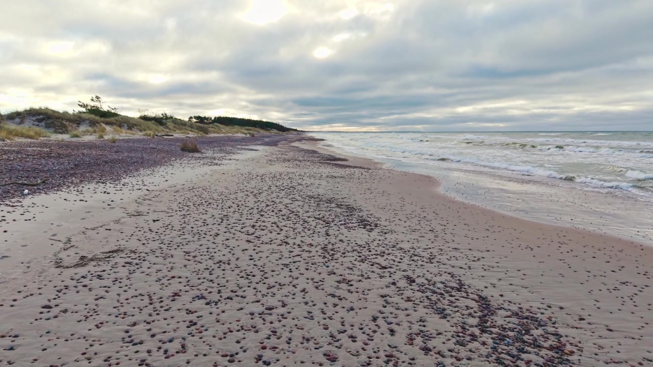 Niski lot drona nad kamienistą plażą w Nidzie wzdłuż wybrzeża Morza Bałtyckiego