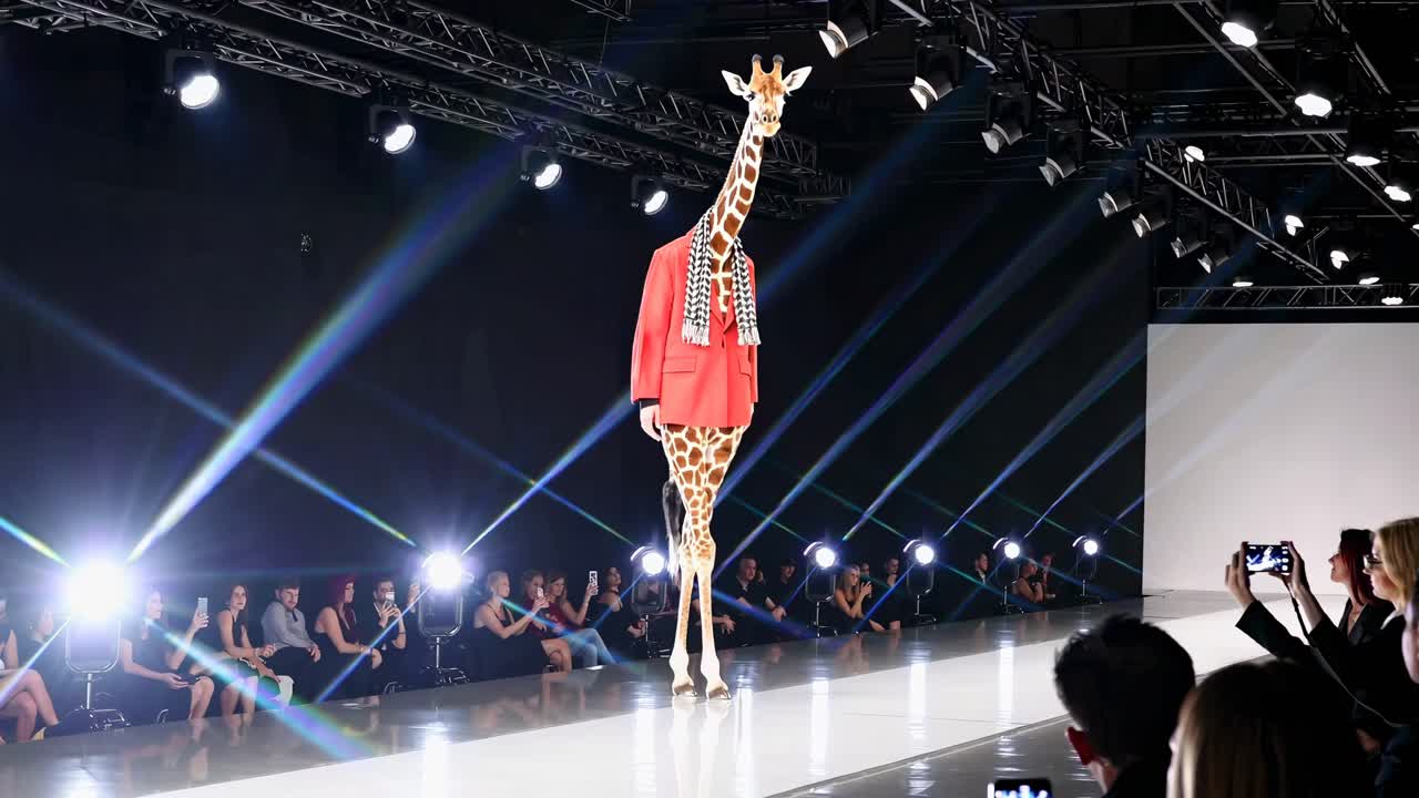 패션 쇼 에서 슈트 를 입은 지라프