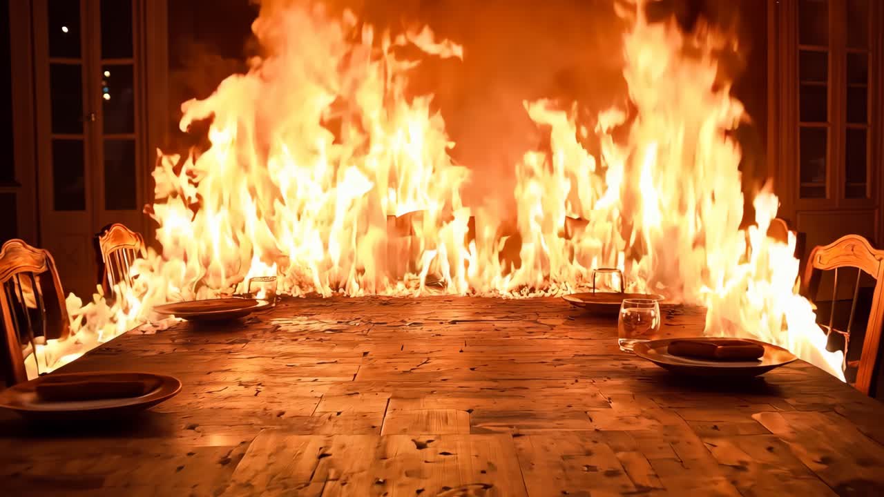 식당 테이블이 어 속에서 불에 다.