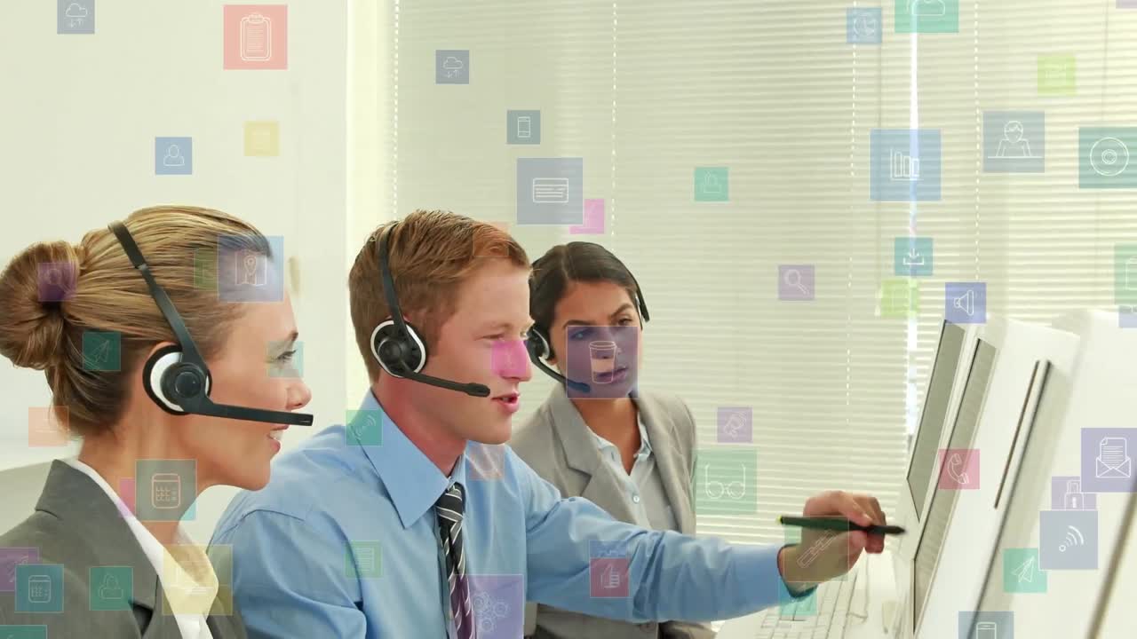 전화 헤드 ⁇ 을 착용 한 사람들 위에 연결 네트워크와 아이콘의 애니메이션