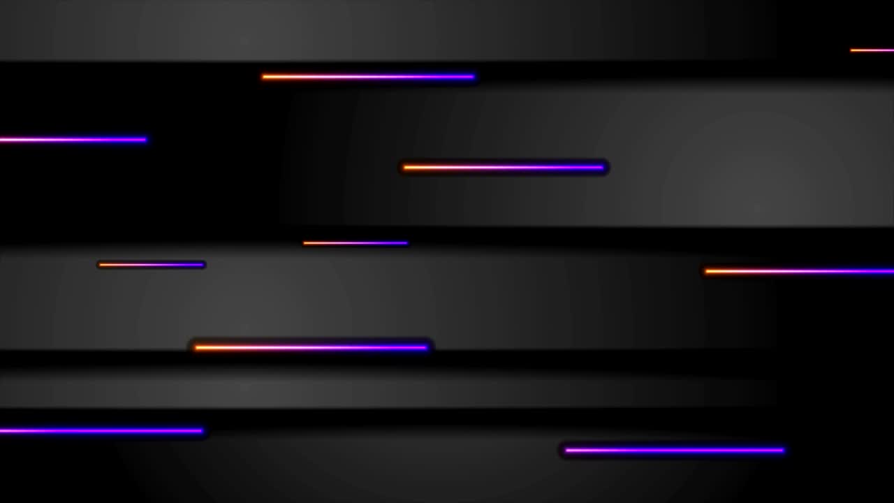 Black tech abstract motion background with violet orange neon laser lines