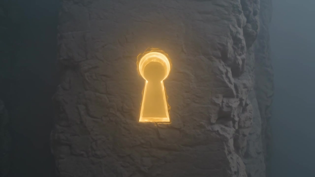 Rising glow causing keyhole cutout forming golden orb inside dim stone column, revealing texture
