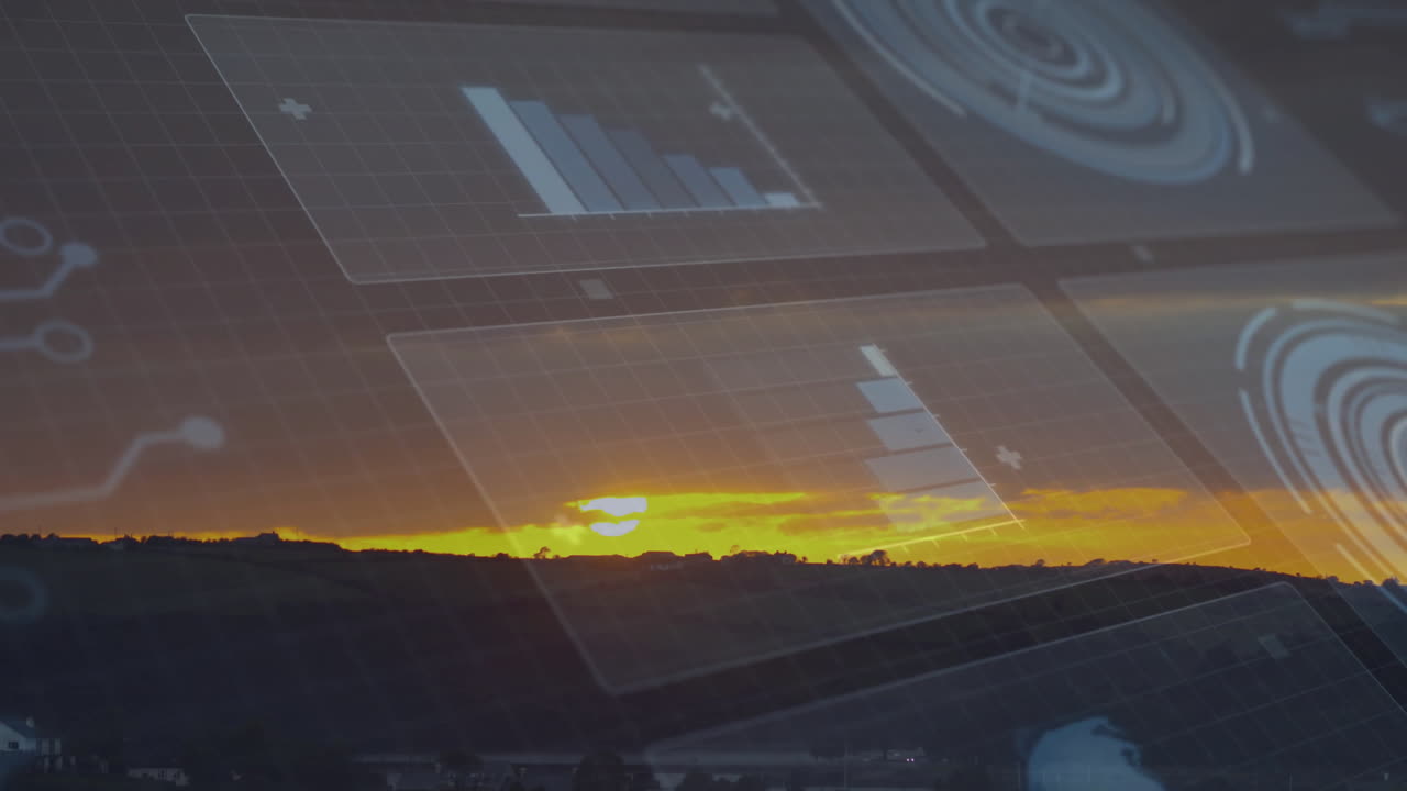 Sun rising over dark ridge being visualized with floating HUD elements in animated illustration