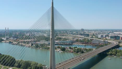 aerial: iconic ada bridge in belgrade serbia, cable bridge over sava river