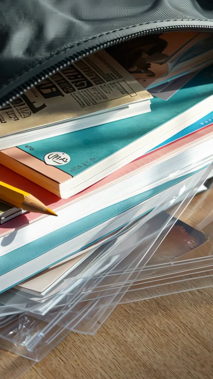 Vertical video: Opening focus revealing texture on pencil case, notebooks and pencil at sunlit desk