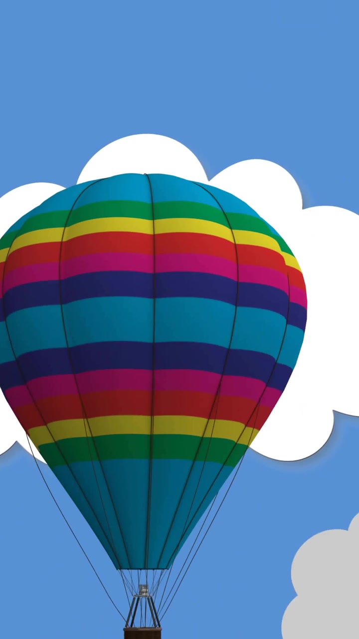 Animazione di una mongolfiera con strisce arcobaleno che fluttua tra le nuvole.