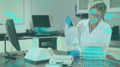 animación del procesamiento de datos científicos sobre una científica caucásica que trabaja en un laboratorio