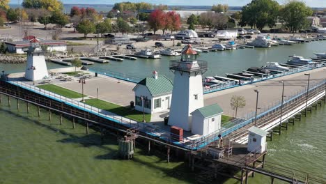 Aerial-view-of-Green-Bay-Wisconsin-harbor-lighthouses-in-the-marina