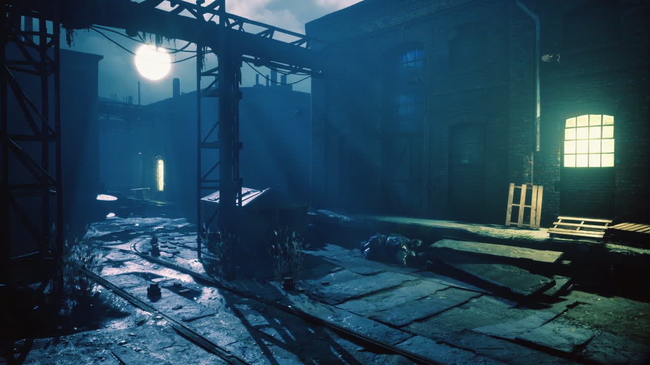 Mysterious alley illuminated by ghostly moonlight at night