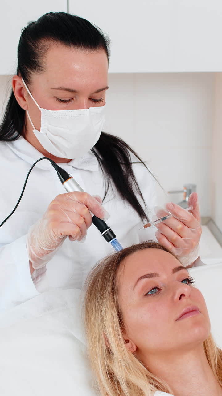Trichologist doing woman improve hair growth procedure dermapen microneedling vitamin injections