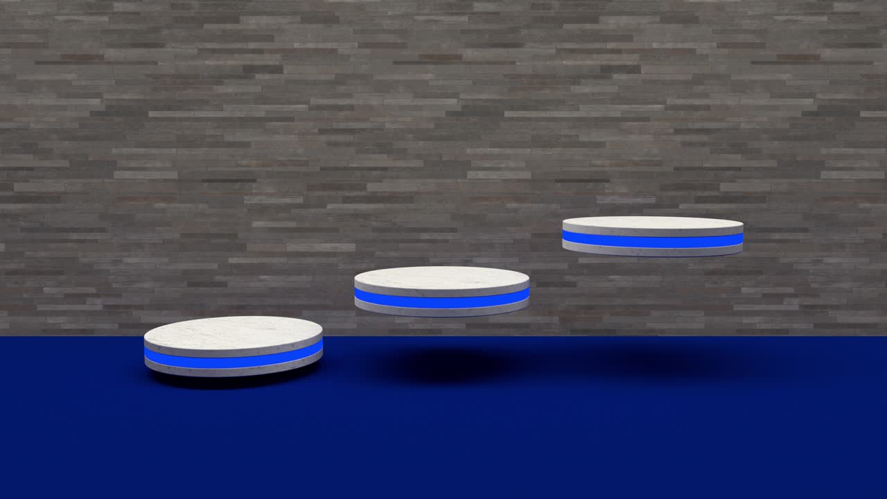 황금 제품 스탠드: 푸른 배경으로 박이는 빛을 키우는 빈 디스플레이에 미래주의 또는 포디움 기단.