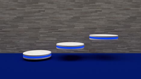 el soporte de producto dorado es un pedestal futurista o de podio en una pantalla vacía que crece con una luz intermitente con telón de fondo azul. renderización 3d. bucle sin costuras.