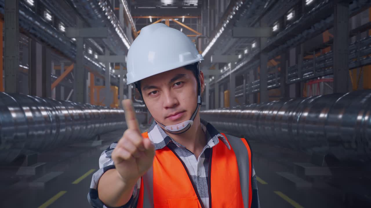 Close Up Of Asian Male Engineer With Safety Helmet Disapproving With No Index Finger Sign While Standing With Metal Pipes