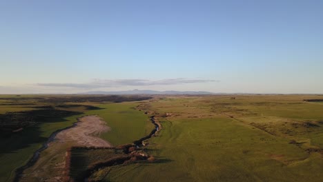 aerial view of green rural field at sunset with stream going through it