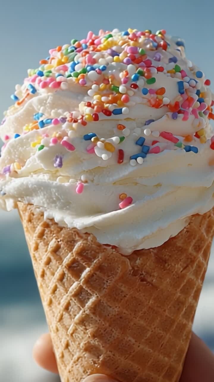 Cono gelato vivace guarnito con codette colorate, crema perfettamente arricciata e cono croccante per una rinfrescante delizia estiva.