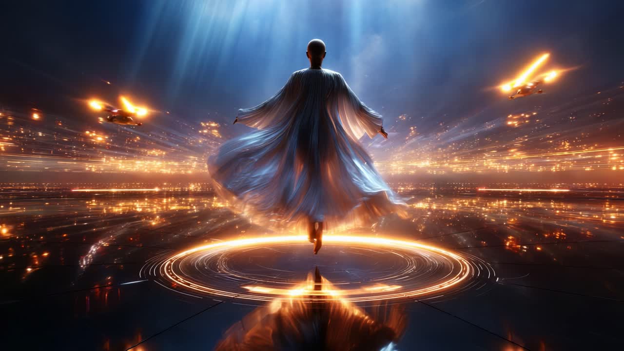 A Serene Entity in a Celestial Realm, Suspended Above a Radiant Energy Ring, Surrounded by Glowing Particles and Futuristic Elements in a Stunning Display of Light and Motion