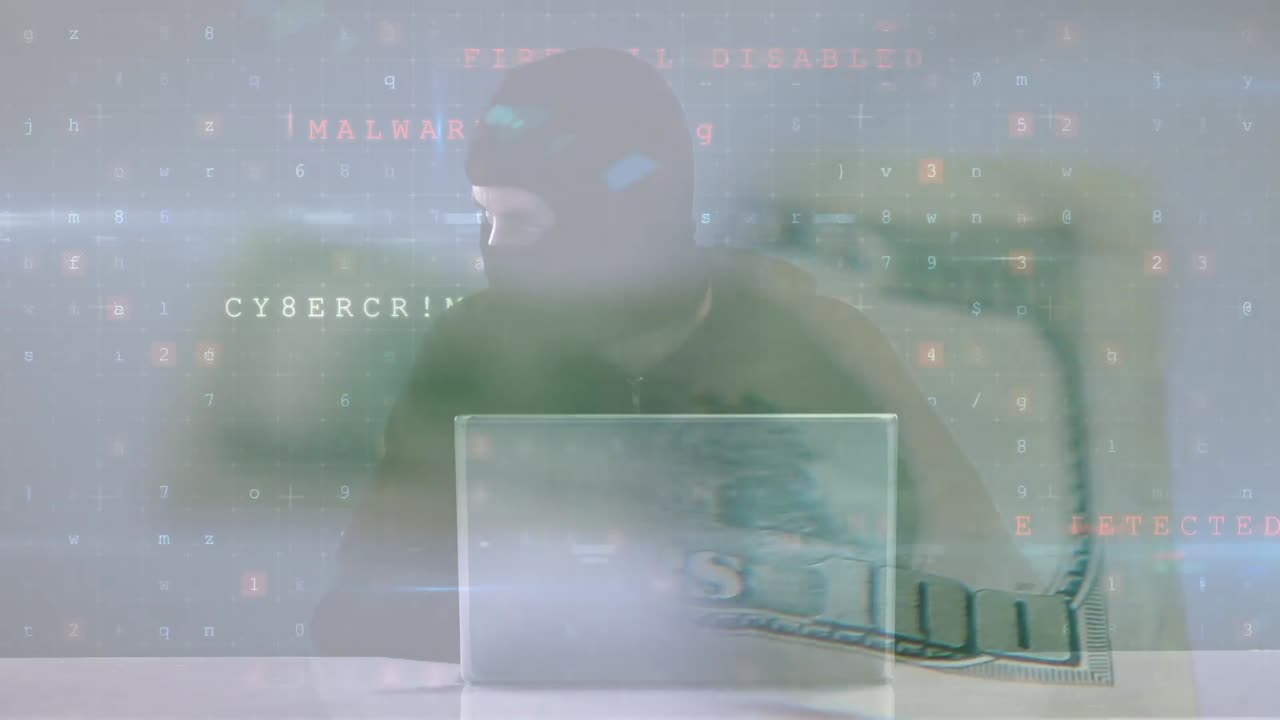 Animation of moving data processing over computer hacker and banknote