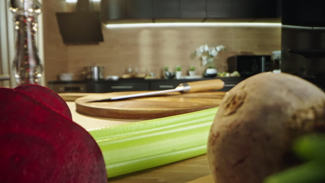 Kitchen still life with vegetables and knife