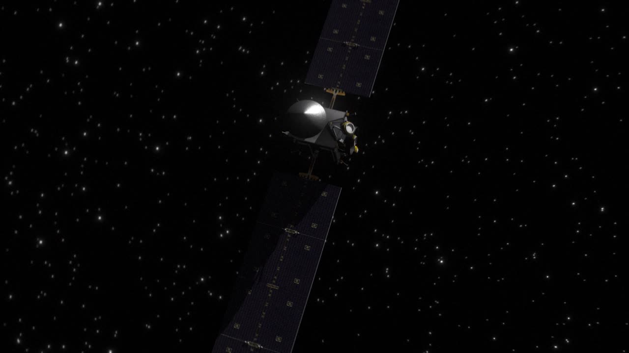 высокое качество и очень подробный cgi рендеринг быстрого подъема выстрела смотрит вниз на космический зонд рассвет в глубоком космосе на его миссии на карликовую планету церес