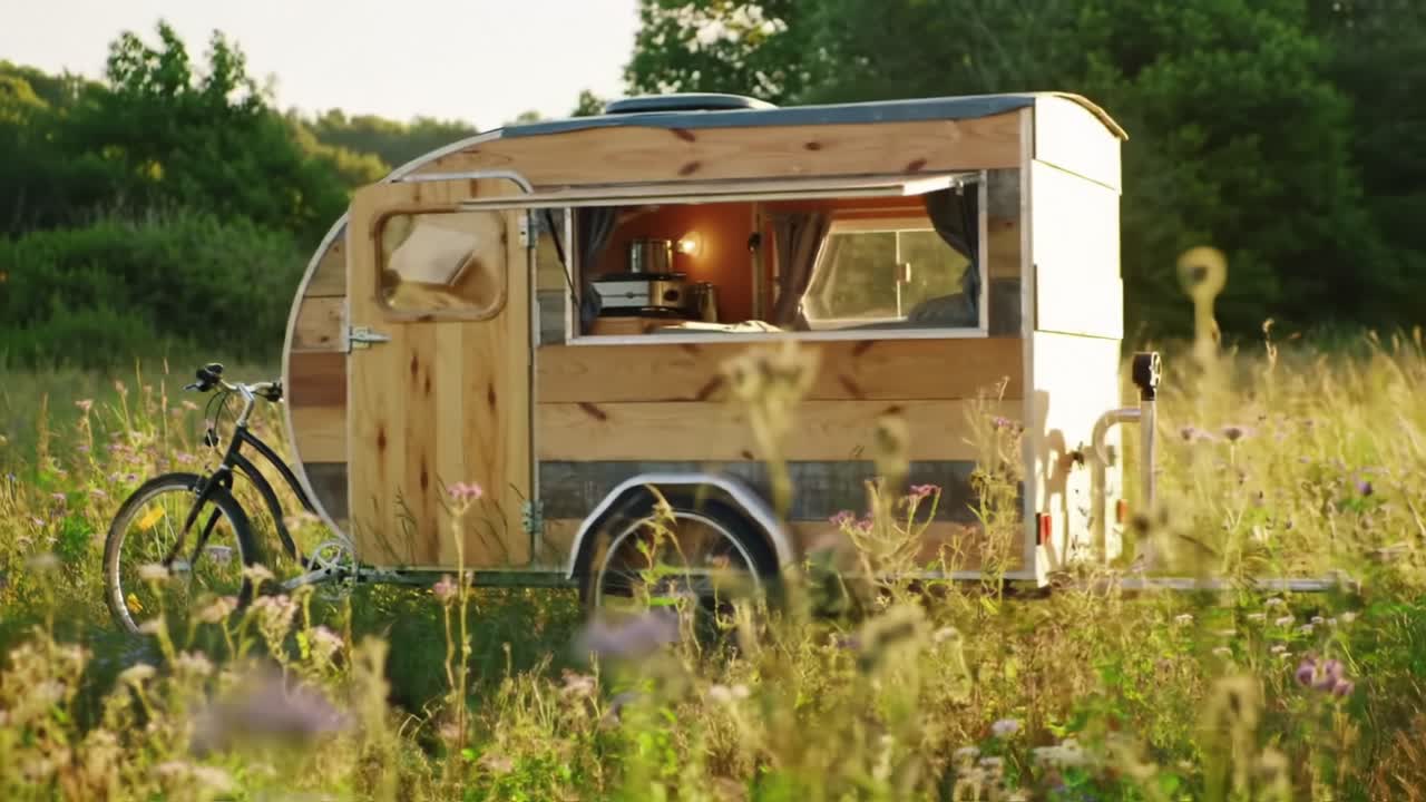 Charming Wooden Caravan in a Serene Meadow Setting with a Bicycle Nearby, Capturing the Essence of Outdoor Adventure and Tranquility in Nature