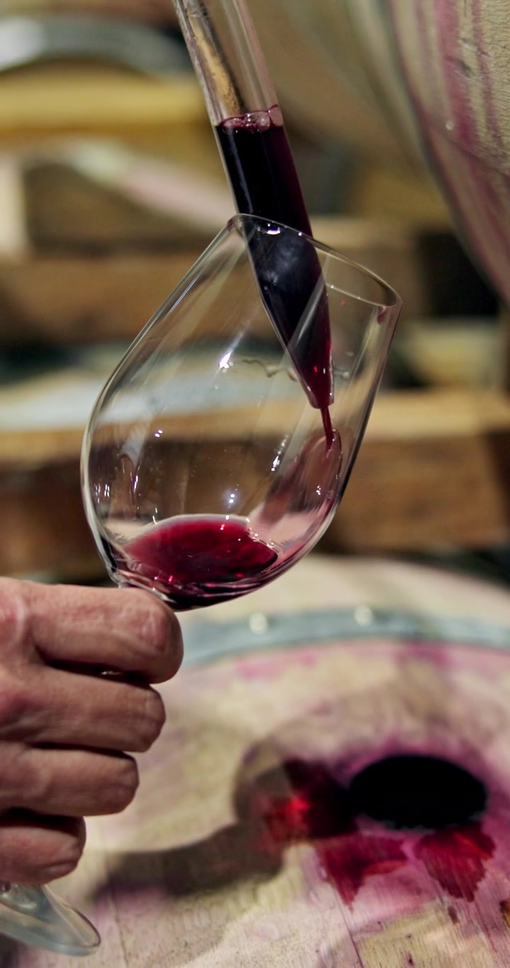 Produttore di vino che assaggia vino rosso versato da una botte di rovere in un bicchiere