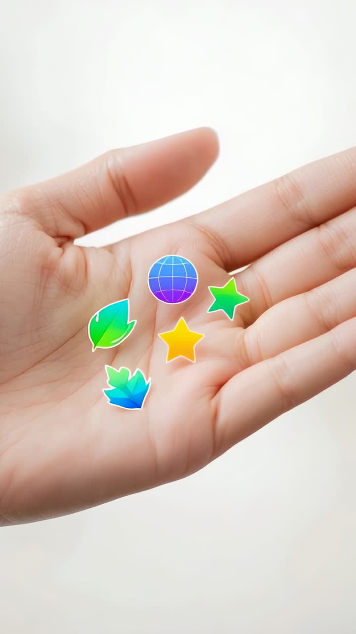 Vertical video: Holding right hand still in studio, sparking holographic icons hovering above palm