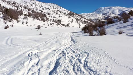 Man-in-khaki-colored-hiking-pants-and-black-polo-does-Nordic-walking-in-his-mountain-boots-in-a-thick-layer-of-snow-in-Mount-Hermon-in-Israel-on-a-sunny-day