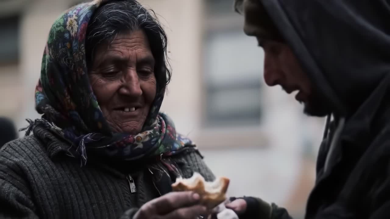 On a cool day in an urban environment, a kind individual offers food to an elderly woman. She smiles appreciatively while enjoying the warm treat, showcasing compassion and connection.