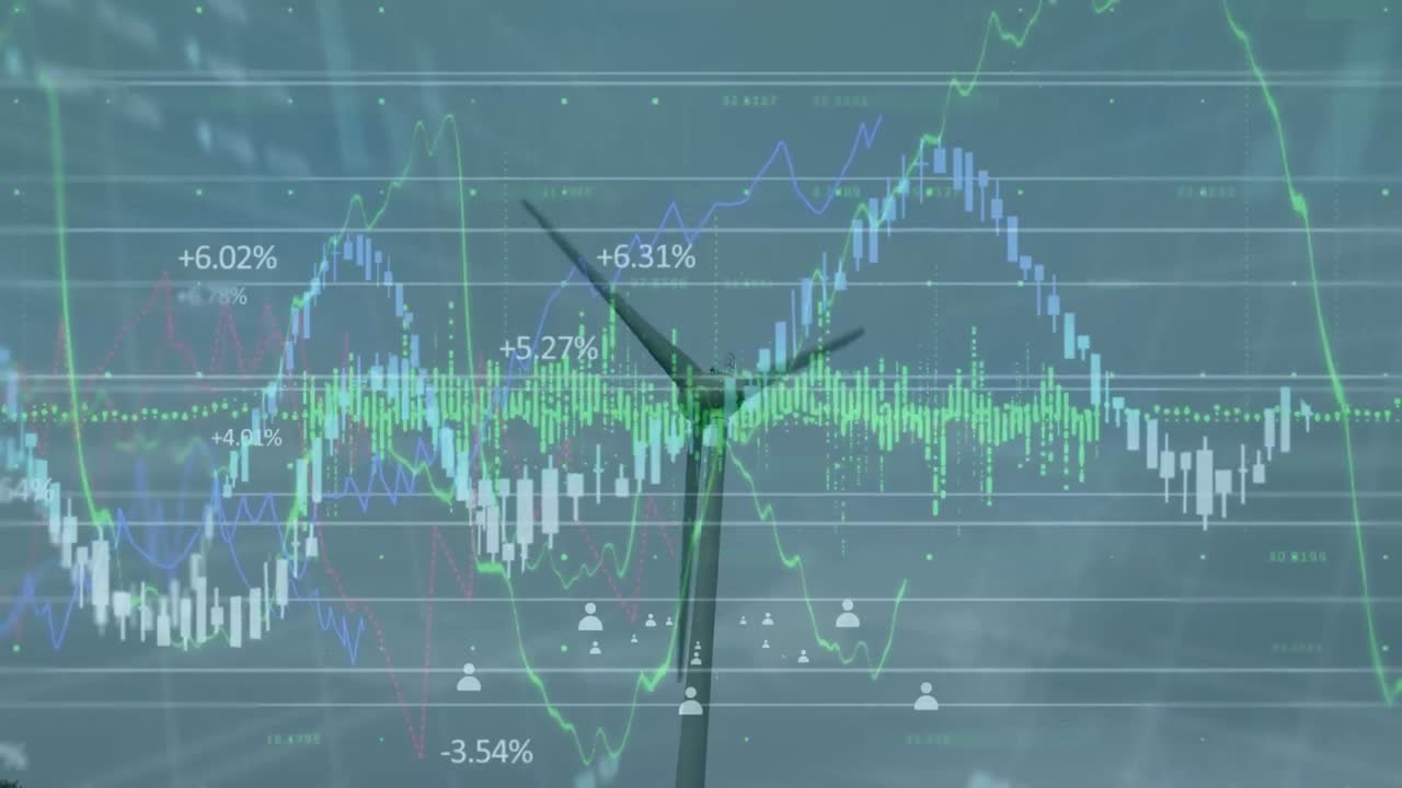 풍력 터빈 위에 있는 금융 데이터 처리 및 아이콘의 애니메이션