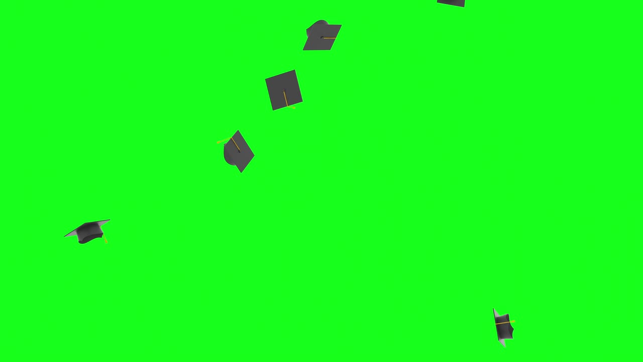 Sfondo con tocco di laurea 3D. Cappelli universitari che cadono su schermo verde o sfondo chroma key. Concetto di istruzione accademica. Laurea triennale