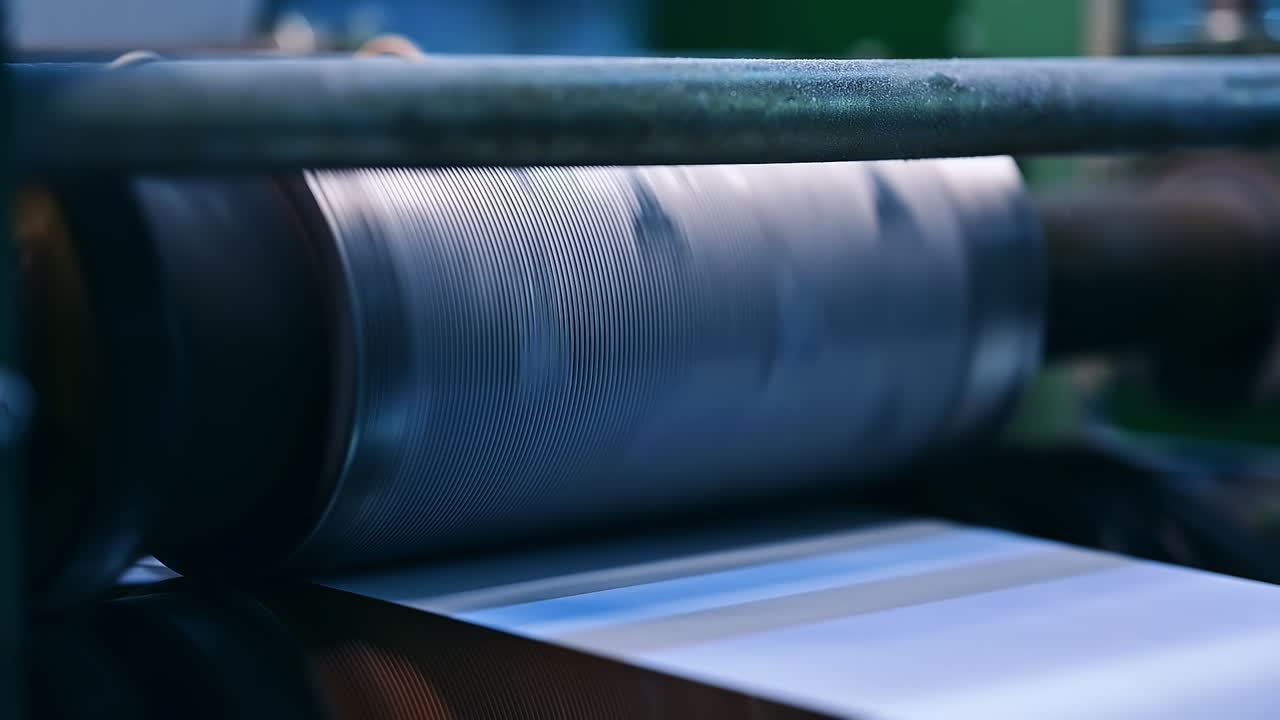 Big shaft with little ridges is spinning quickly. The large rotating shaft in the production of diapers.