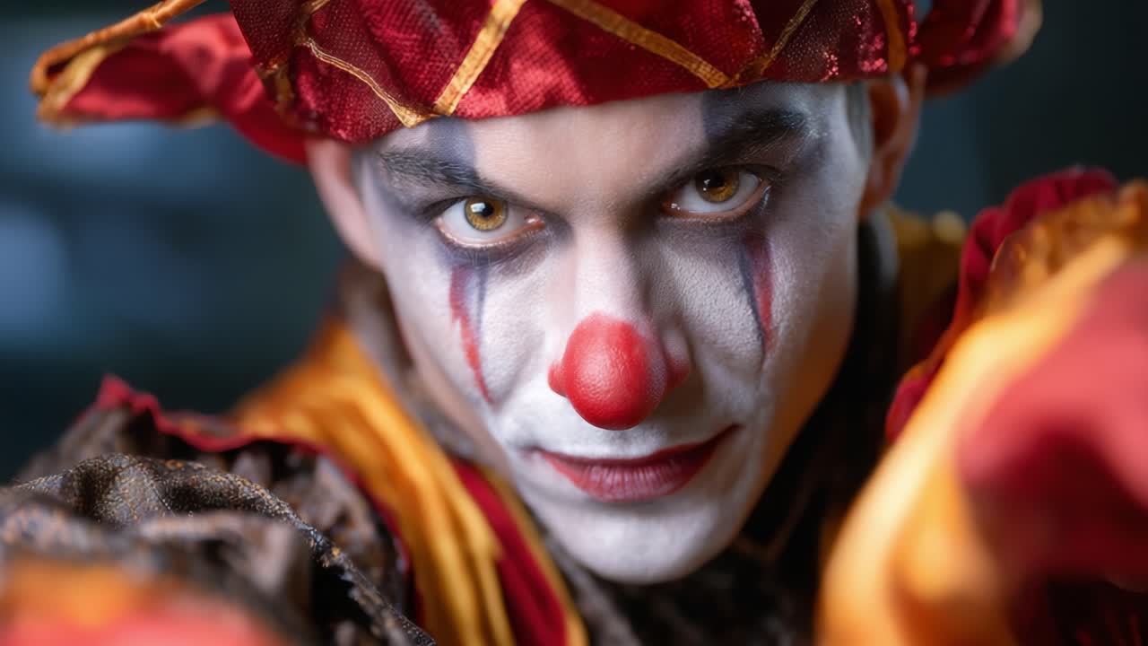A striking close-up of a male clown portrayed with vibrant makeup and dramatic expressions, showcasing intense gaze and colorful costume in a theatrical setting