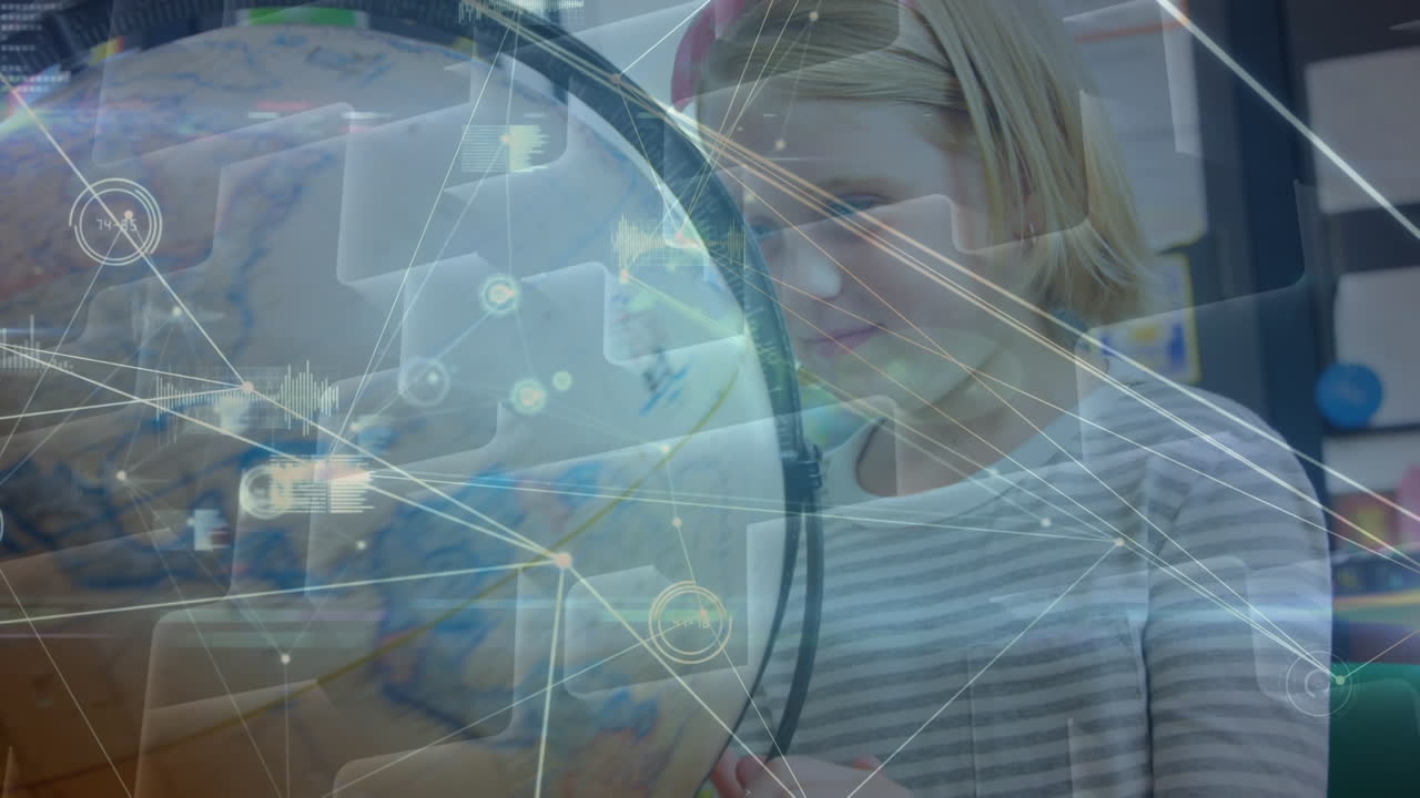 학교에서 지구를 가진 행복한 백인 소녀에 대한 아이콘과의 연결 네트워크의 애니메이션