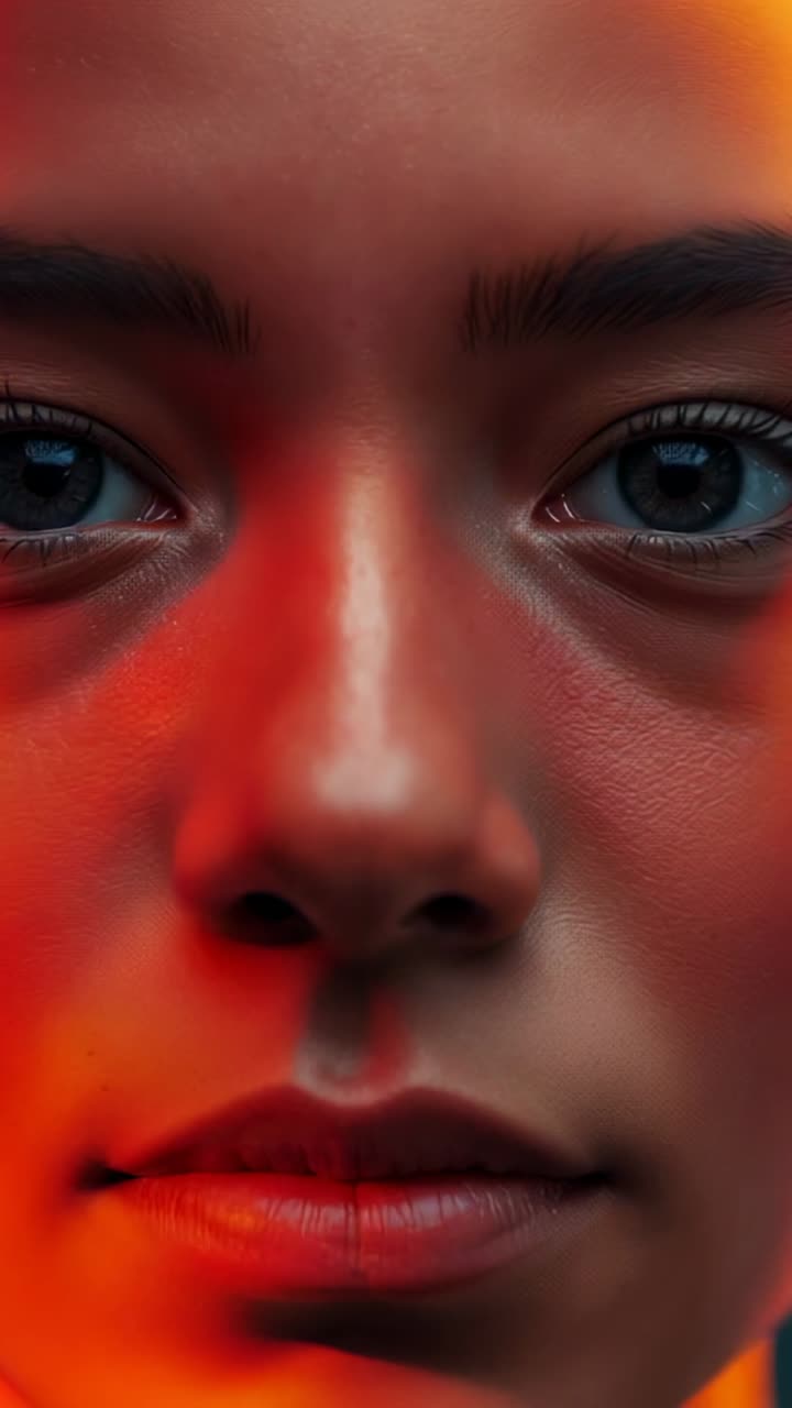 Vídeo vertical: reagindo ao sinal luminoso, close-up de uma adolescente segurando o olhar no estúdio para retrato