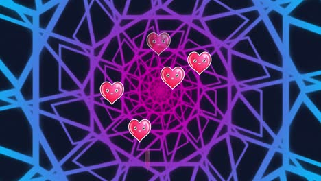 animación de corazones que caen sobre la forma caleidoscópica