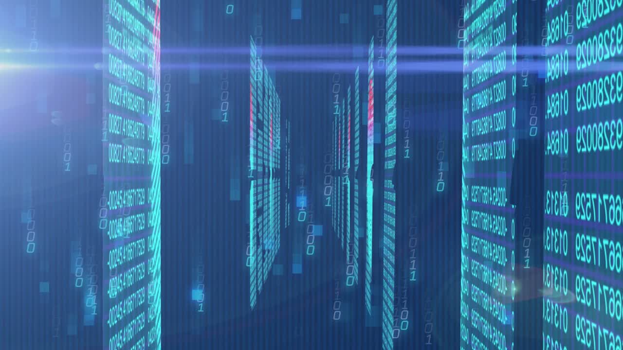 Floating code panels forming corridor, showing streaming binary and glowing squares in 3D render