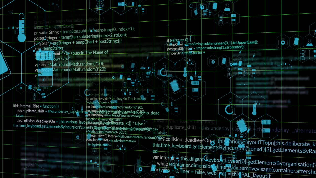 Animation of medical icons and data processing on black background