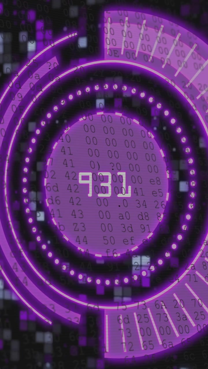 Digital countdown animation with purple circular progress bars on pixelated background