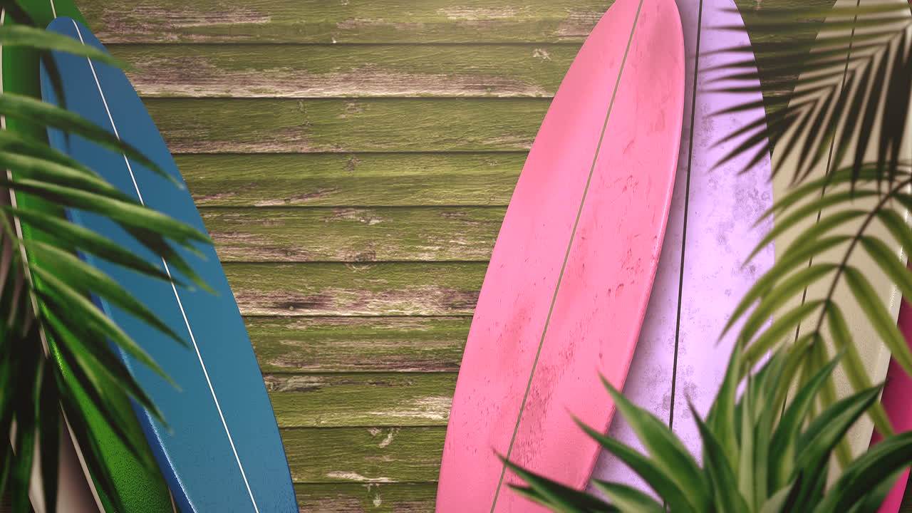 Primo piano di tavole da surf e foglie tropicali con sfondo estivo 3