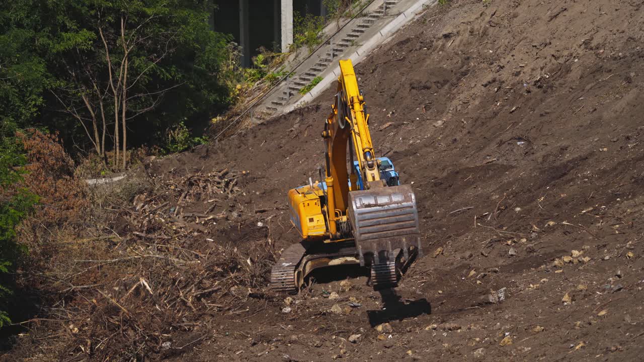 Road construction equipment. Road works building site excavator