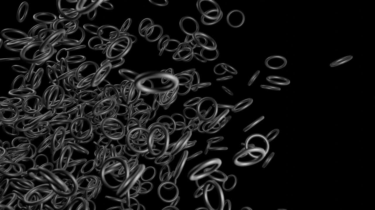 abstract festive background with cloud of torus or rings flashing neon multicolored light randomly. Black rings rotating in the air. Loop beautiful bg in 4k. Smooth wiggling animation, 3d rendering