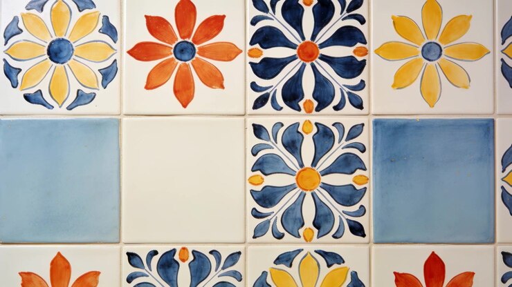 Telecamera che riprende piastrelle di ceramica floreali e fughe in cucina per documentare il motivo