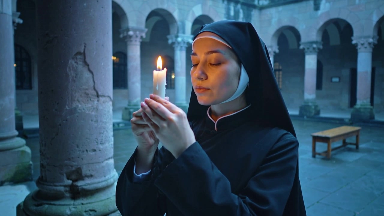 Suora che prega in abito nero e cuffia bianca, tiene una candela bianca accesa nel cortile del chiostro.