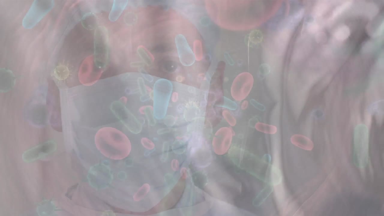 얼굴 마스크를 입은 백인 남성 의사 위에 바이러스 세포와 혈액 세포의 애니메이션