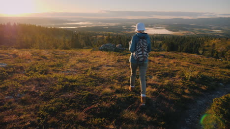 a woman traveler with a backpack behind her back walks through the picturesque highlands in norway j