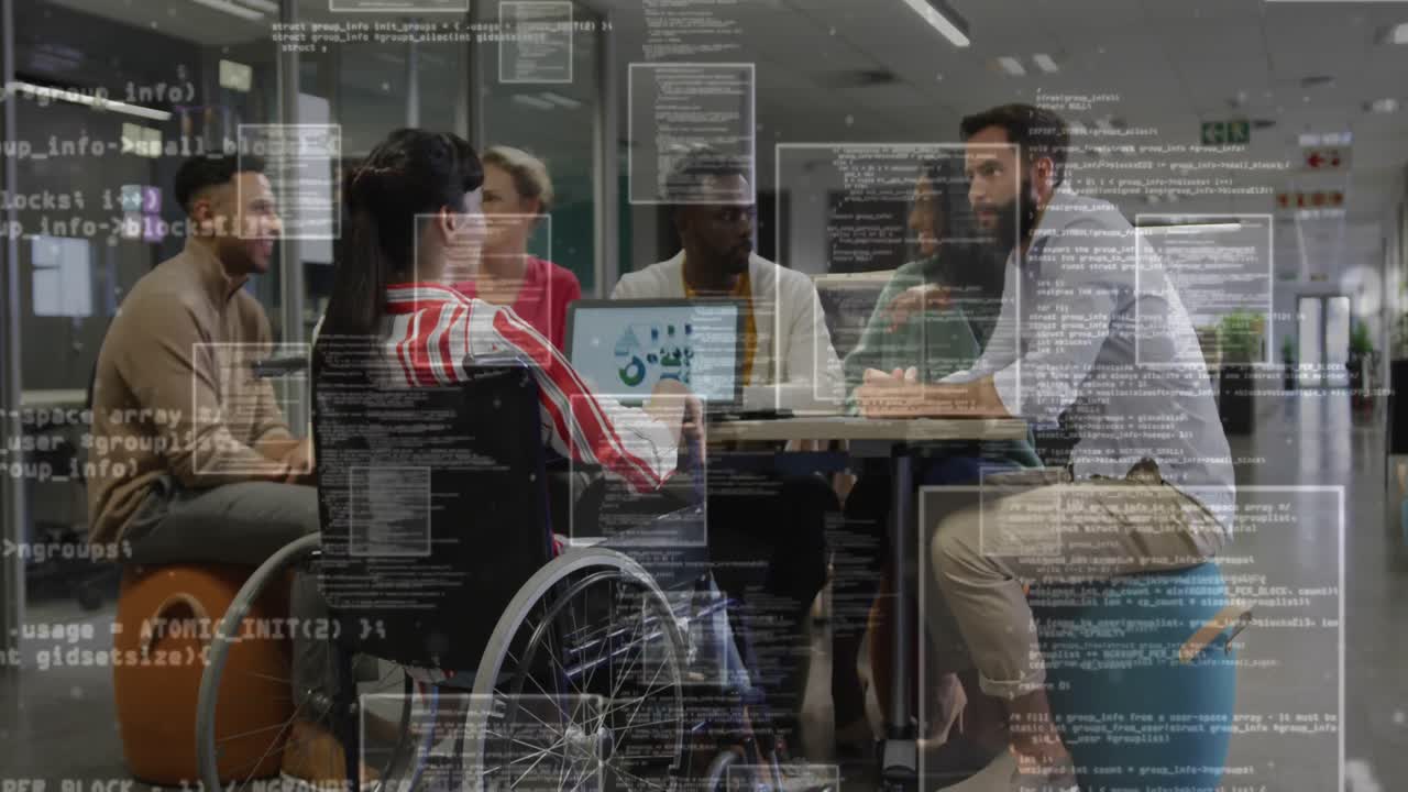 Animation of financial data processing over diverse business people in office