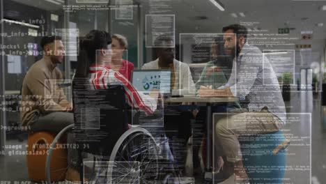 animation of financial data processing over diverse business people in office