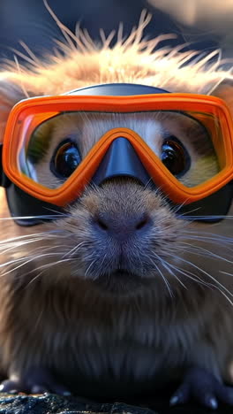 a small brown and white animal with goggles on its face. the goggles are orange and the animal is looking at the camera