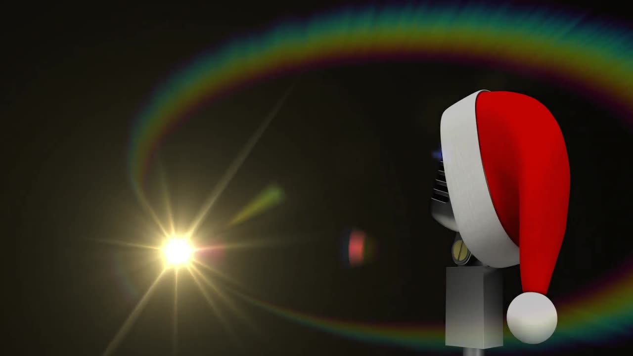 검은 바탕에 산타 모자에 빛과 빈티지 마이크의 애니메이션