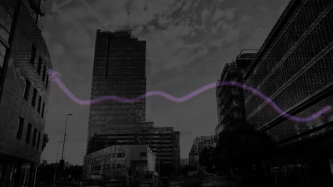 animation of purple line graph showing growth against modern buildings in city